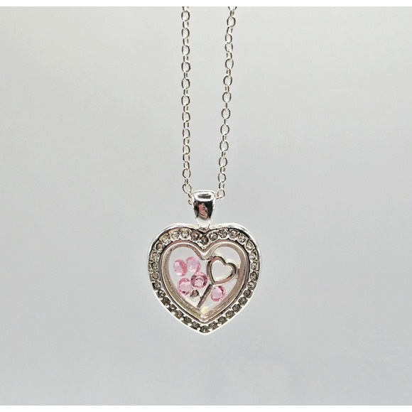 Heart Necklace Silvertone Keepsake Pendant Pink White Rhinestone Dainty Twee NEW - Picture 12 of 12